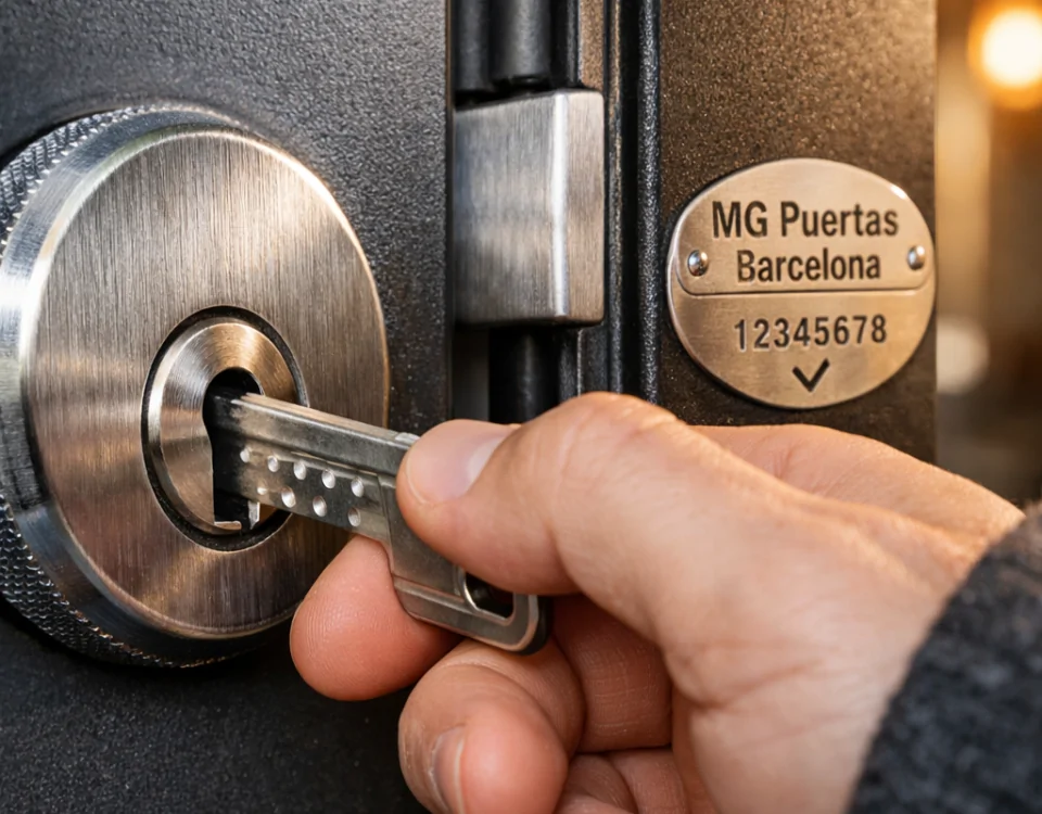 Primer plano de una puerta acorazada moderna, mostrando detalles del cerrojo y la llave; ideal para entender qué cualidades deben tener las mejores puertas acorazadas para protección residencial.