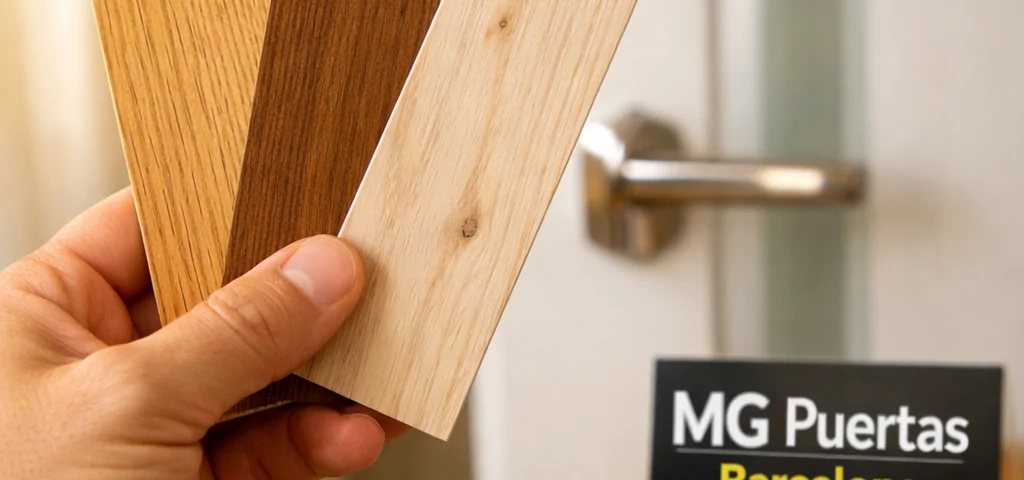 Mano de propietario sosteniendo muestras de madera para puertas interiores modernas en un hogar luminoso de Barcelona. Encuentra ofertas de puertas interiores modernas y funcionales en Barcelona.
