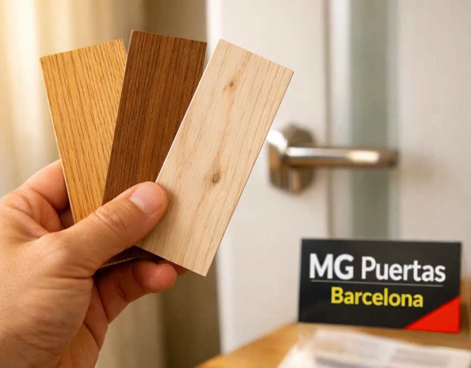 Mano de propietario sosteniendo muestras de madera para puertas interiores modernas en un hogar luminoso de Barcelona. Encuentra ofertas de puertas interiores modernas y funcionales en Barcelona. Mano de propietario sosteniendo muestras de madera para puertas interiores modernas en un hogar luminoso de Barcelona. Encuentra ofertas de puertas interiores modernas y funcionales en Barcelona.