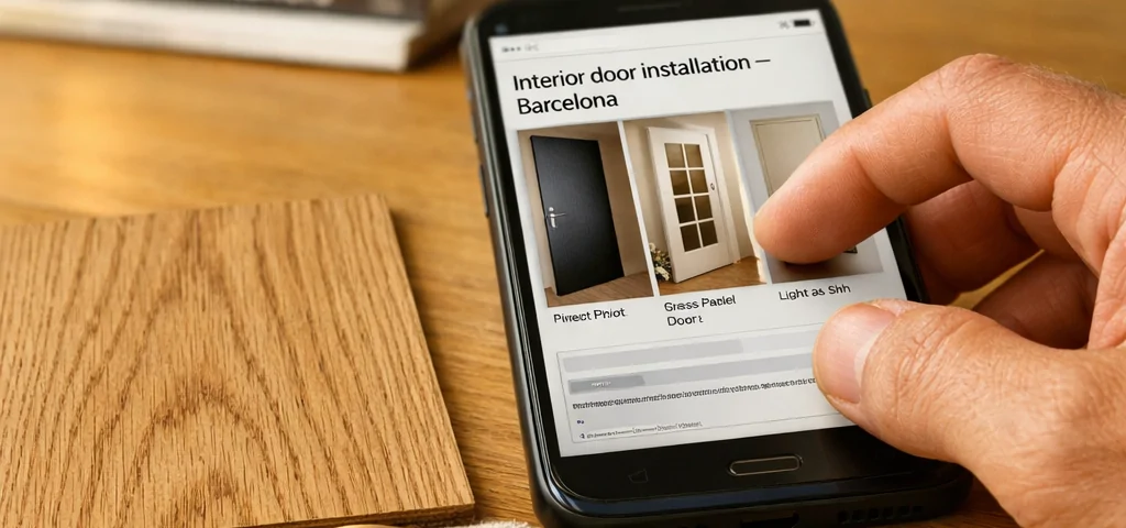 Primer plano de una mano buscando "Busca servicios de instalacion de puertas interiores con buen diseno en Barcelona" en un teléfono.