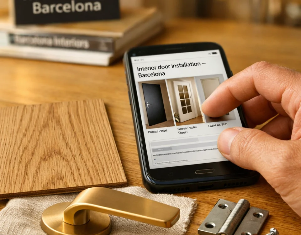 Primer plano de una mano buscando "Busca servicios de instalacion de puertas interiores con buen diseno en Barcelona" en un teléfono. Primer plano de una mano buscando "Busca servicios de instalacion de puertas interiores con buen diseno en Barcelona" en un teléfono.