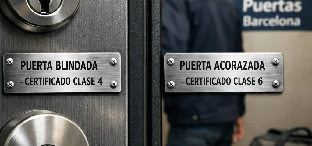 Comparación de puertas blindadas y acorazadas en términos de seguridad, con placas de certificación y un técnico en el fondo.