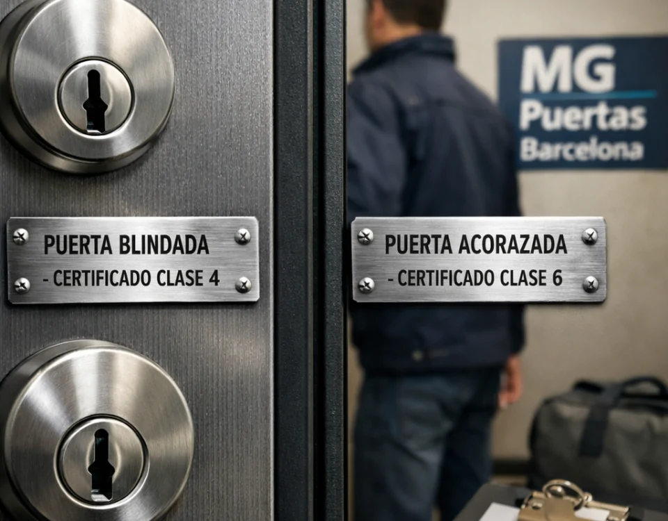 Comparación de puertas blindadas y acorazadas en términos de seguridad, con placas de certificación y un técnico en el fondo. Comparación de puertas blindadas y acorazadas en términos de seguridad, con placas de certificación y un técnico en el fondo.