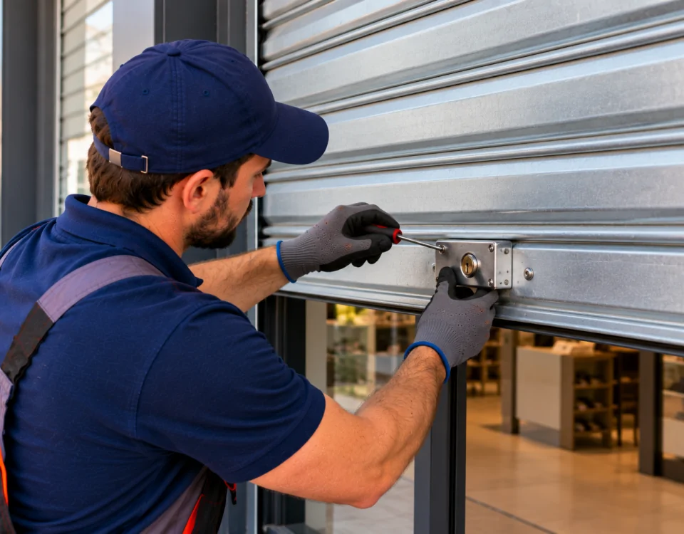 Instalación y Cambio de Cerradura para Persianas Tecnico reparando cerradura de persiana metalica 960x750 - Instalación y Cambio de Cerradura para Persianas